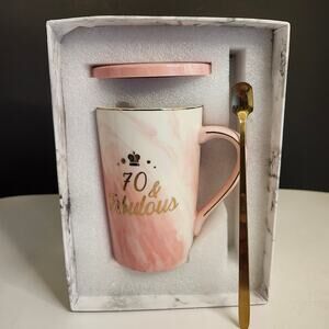 NIB 70th Birthday Gift for Women Sister BFF Pink Marble Mug / Lid & Spoon 14 oz